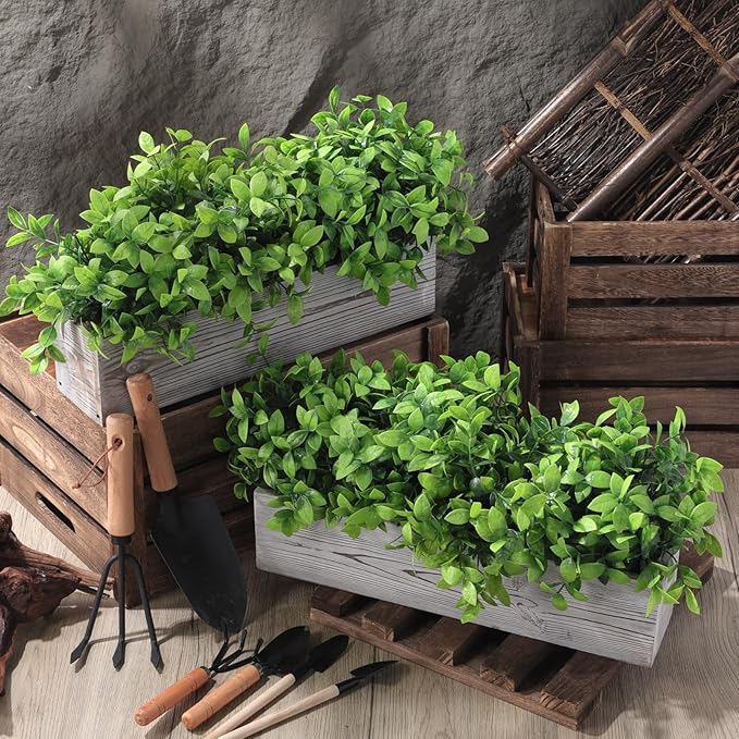 Lyrow 2 Pack Artificial Eucalyptus Plant in Rectangular Rustic Wooden Planter Box Faux Potted Herb Plant Table Centerpiece for Kitchen Windowsill Shelf Decor (White,16 '')