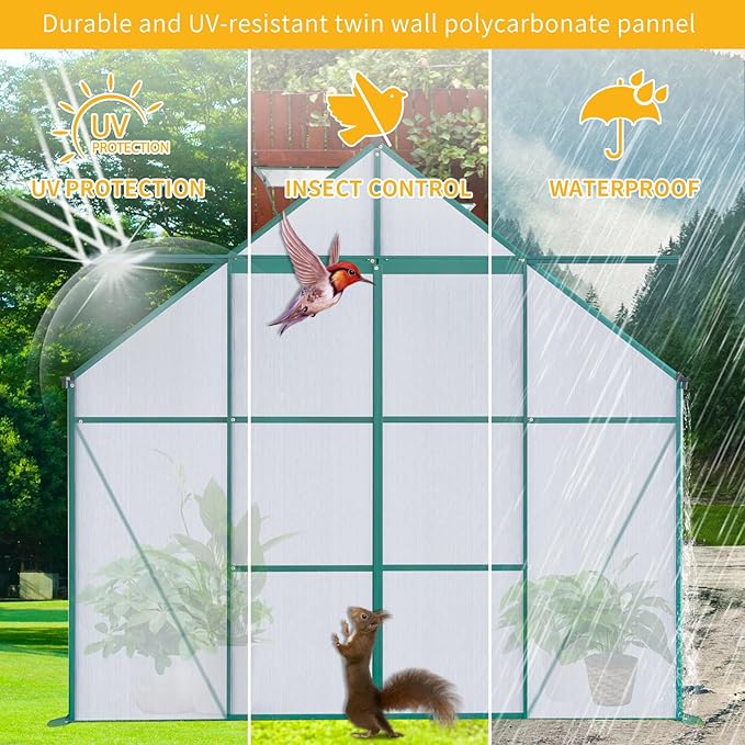 Favfurish 8×10 FT Greenhouses for Outdoors,Polycarbonate Greenhouse, Aluminum Heavy Duty Walk-in Garden Plants Green Houses, Raised Base and Double Sliding Door for Outside Backyard, Green