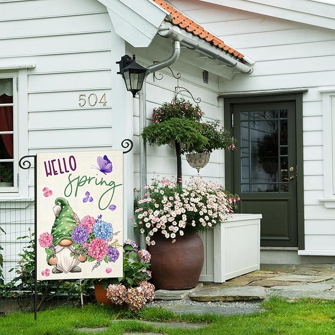 Hello Spring Garden Flag for Outside 12x18 Double Sided,Gnome with Hydrangeas Flowers Small Yard Flag, Summer Seasonal Decors for Outdoor Anniversary Wedding Farmhouse Holiday