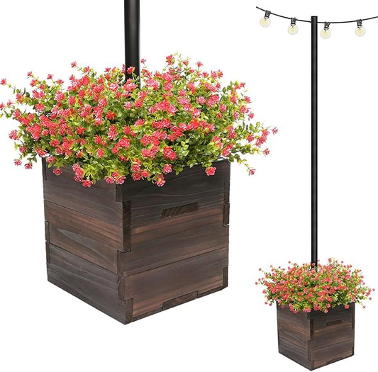 Large Decorative Wooden Planter w/ Universal Pole Support for String Light Poles, Umbrellas, Bird Feeders. Solid Wood Outdoor Garden Patio Box For Plants(Does not include Pole), 14"x14"x14", Brown