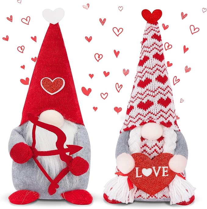 Valentine Day Decorations, 2 Pack Handmade Scandinavian Tomte Gnomes, Valentines Gnome Doll Tiered Tray Decorations, Plush Love Crafts Decor, Romantic Sweet Doll for Him Her Friends