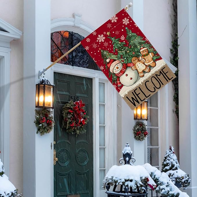 Welcome Winter Snowman Gingerbread Man Pine Trees Christmas House Flag large 28X40 Inch Big Vertical Double Sided Yard Outdoor Outside Holiday Decoration
