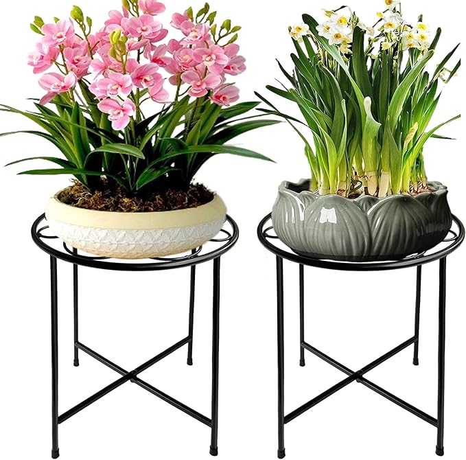 ZEECER Plant Stand, 15'' Tall Plant Stands Indoor Outdoor Set of 2, Retro Design Round Plant Stand, Rust-proof Coated Metal Plant Pot Stand Flower Stands for Indoor Plants Patio Garden Home Decor