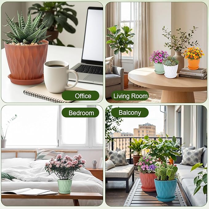 Acellegic 24 Pack 4 Inch Small Pots for Succulents, Waffle Texture Pots with Tray, Plastic Planter with Drainage Holes and Saucers, for Indoor Outdoor Plants Flowers, Seedlings (Multiple Colors)