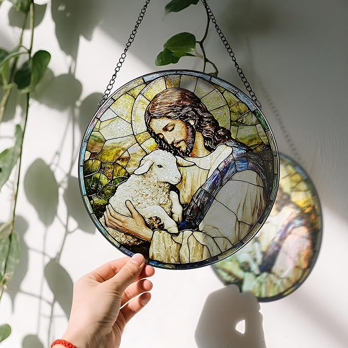 8 Inches Jesus Holding Lamb Painted Stained Glass Suncatcher, Christian Ornament, Window Hanging Decor, Christmas Decor, Christian Gift, Religious Gift, Gifts for Christmas