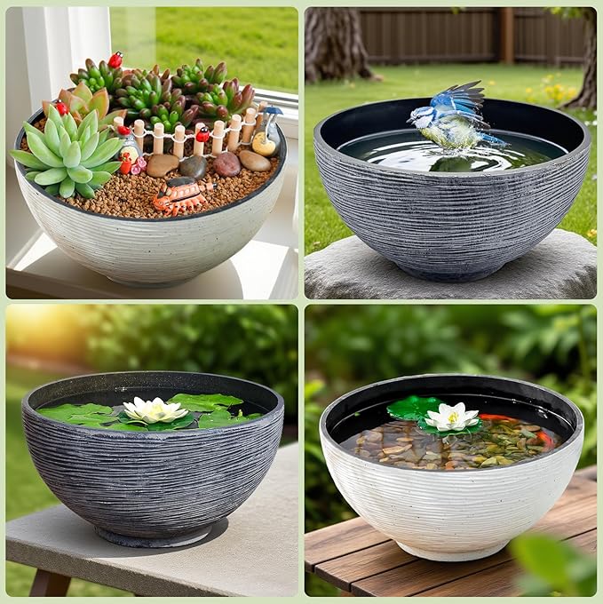 charmshine 13.7inch Large Lotus Bowl Planter Garden Water Plant Pot Bird Bath Bowl Landscaping Planter Water Lily Pots for Outdoor Indoor Planting in Water Small Fountain Base Mini Fish Pond (White)