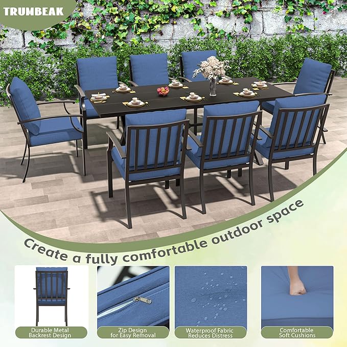 9-Piece Patio Dining Set Outdoor Conversation Set,Metal Outdoor Furniture Set with Umbrella Hole Cut-Out 78.7" x 35.4" Table and 8 Metal Backrest Chairs for Backyard,Garden,NavyBlue