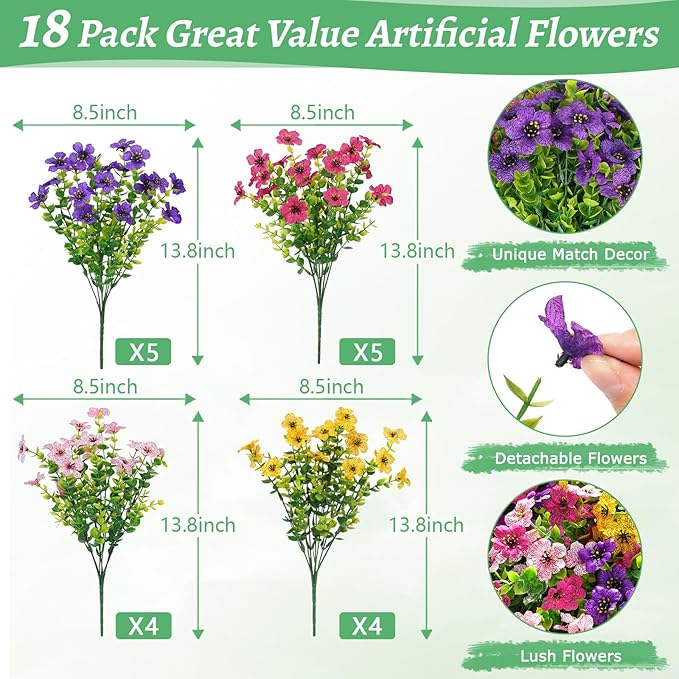 Elyum Artificial Flowers for Outdoors, 18 Bundles Artificial Flowers for Decoration, UV Resistant Fake Outdoor Flowers Artificial Plants for Outside Garden Porch Patio Yard Decor
