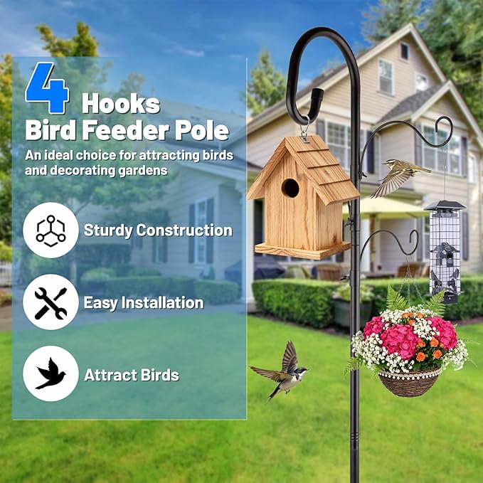 Eyrizon 4-Hook Bird Feeder Pole for Outdoor,92 Inch Heavy Duty Shepherds Hooks with 5 Prongs Base,Adjustable Garden Hook for Hanging Plant,Hummingbird Feeder,Solar Light,Lantern