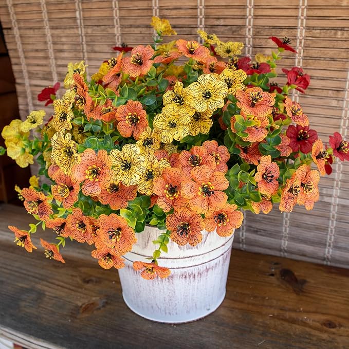 BCBLF Artificial Flowers for Outdoors, Faux Flowers for Outdoor Planters, 12 Bundles Realistic Silk Flower Faux Fake Plants for Porch Patio Yard Planters, Home Decor, Yellow + Orange + Red