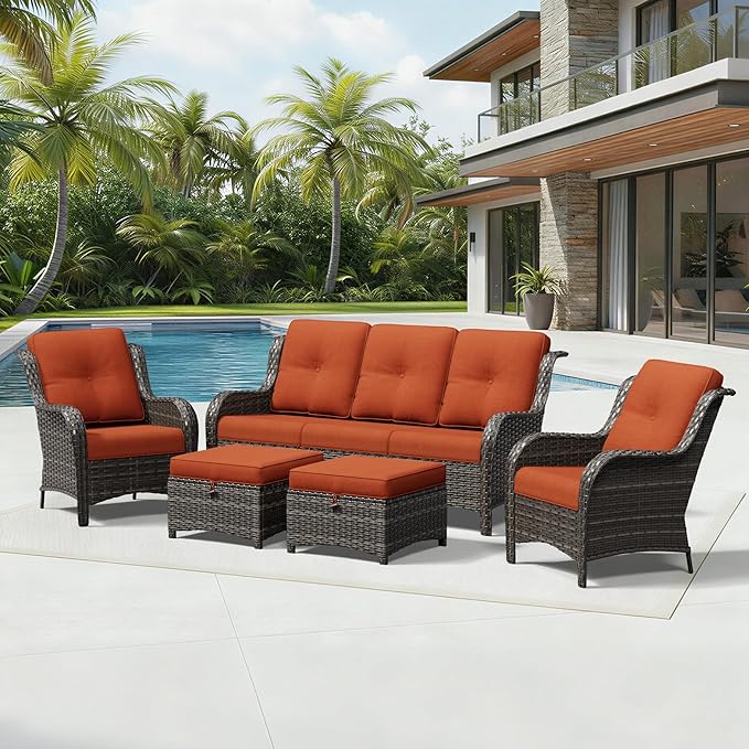 Joyside 5 Piece Wicker Patio Furniture Set, Rattan Patio Chairs with High Back, Deep Seating, Wide Armrest, Thickened Cushions, Outdoor Furniture for Deck, Porch Use