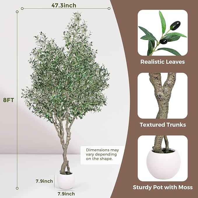 Jocoevol Artificial Olive Tree 8FT, Indoor Fake Silk Plant with Realistic Trunk, Leaves, Fruits and White Planter, Faux Potted Tree for Home Decor and Housewarming Gift, 1 Pack