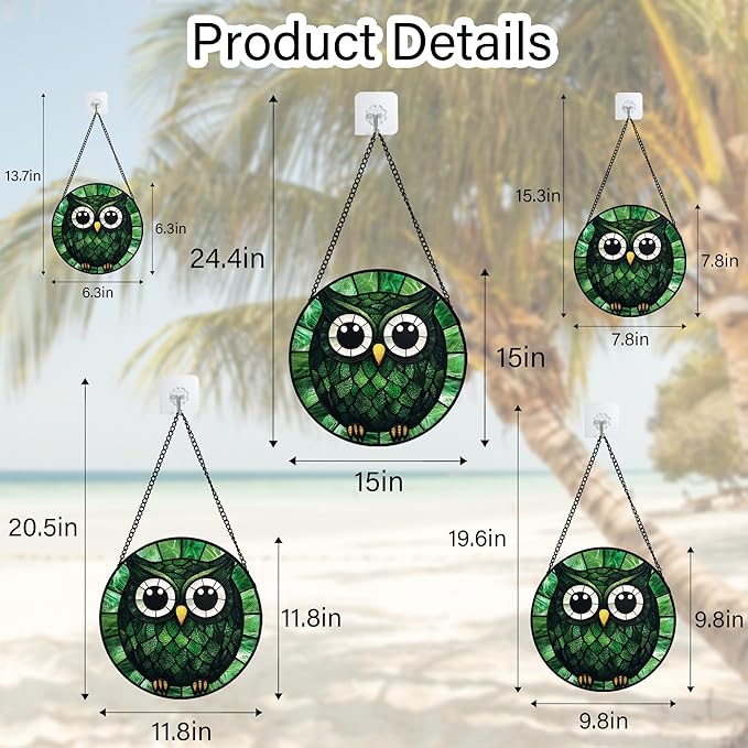 Stained Glass Window Hanging - Green Owl Suncatcher for Doors Garden Patio Funny Bird Sun Catchers Decor Christmas Mother's Day Birthday Teenager Gifts for Women Men Mom Nana Friend 11.8 in