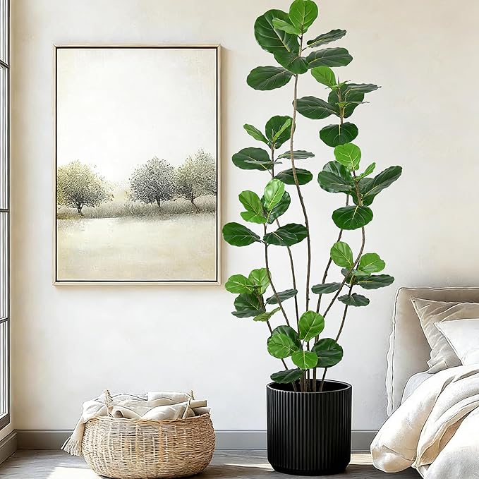Artificial Fiddle Leaf Fig Tree 7FT- Tall Faux Tree with 54 Lifelike Leaves, 8 Heads, 84" Large Ficus Lyrata Fake Potted Plant for Home Office Living Room Corner Porch Indoor Decor