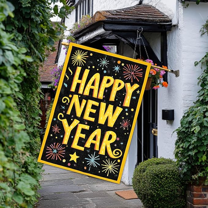 Happy New Year House Flag 28x40 Inch Double Sided Garden Flag Colorful Fireworks Gold Letter Design Winter Holiday Yard Banner Large Outdoor Polyester Flag for Porch Lawn Home Decoration