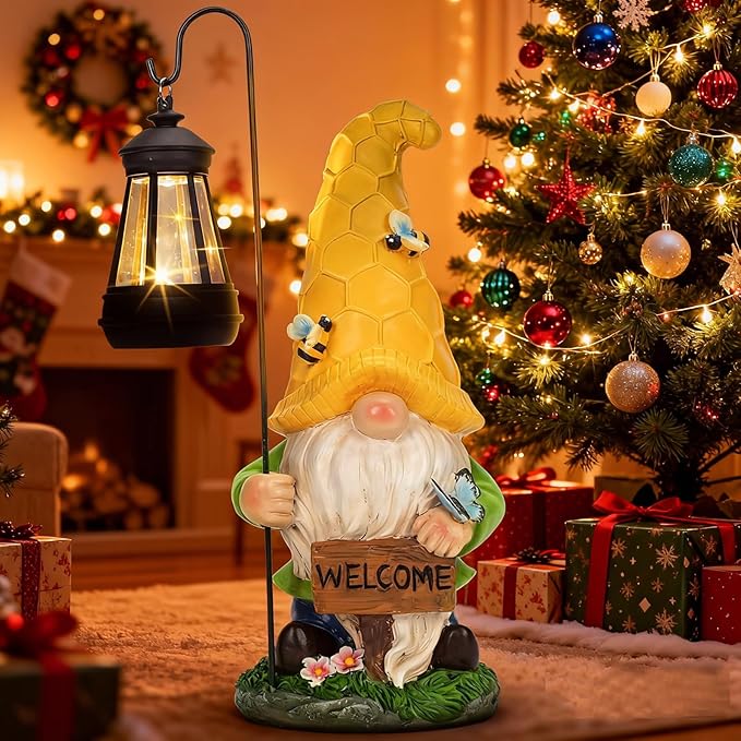 Christmas Gnomes Outdoor Statue with Solar Lights, Waterproof Solar Garden Gnomes Decorations for Yard with Lantern Light Outdoor Decorations for Patio Mom Gift