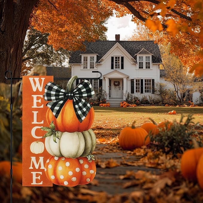 Thanksgiving Garden Flags 12x18 Inch Double Sided, Fall Welcome Pumpkin Yard Flags for Outside, Farmhouse Front Porch Outdoor Autumn Decor Holiday All Seasons Decoration