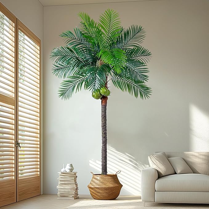 Erimda 30-Year Factory Faux Coconut Tree - 8.2FT Faux Palm Tree Realistic Thick Trunk & Heavy Duty Leaves, Hand-Carved Bark Texture, Indoor Tropical Decor for Living Room/Store, No Shiny Plastic Look