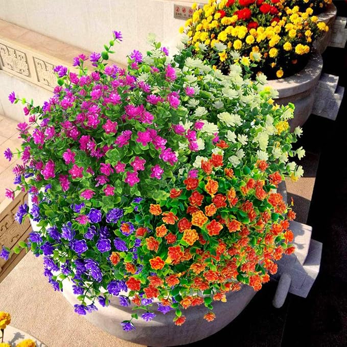 ArtBloom 12 Bundles Outdoor Artificial Flowers UV Resistant Fake Boxwood Plants, Faux Greenery for Indoor Outside Hanging Plants Garden Porch Window Box Home Wedding Farmhouse Décor (Orange Red)