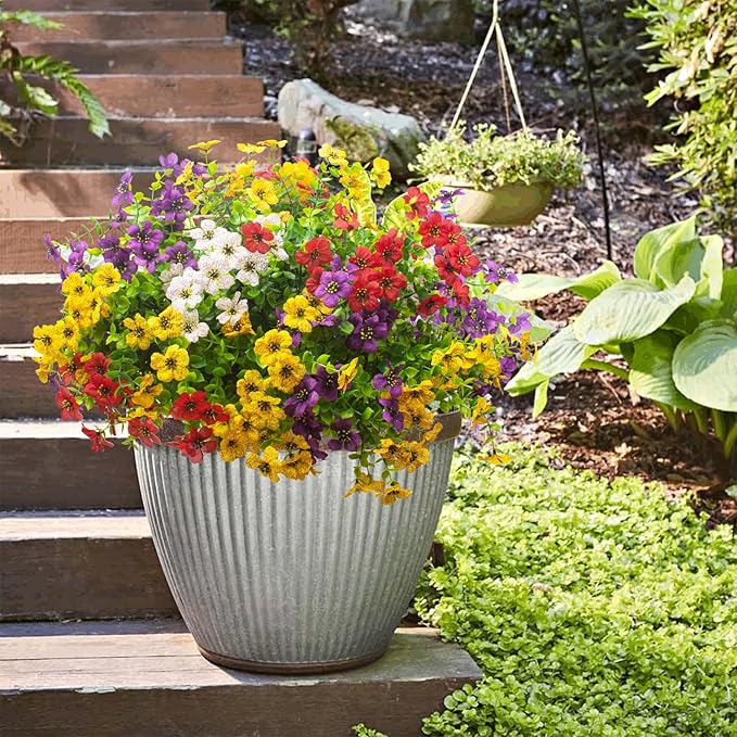 Grunyia Artificial Fake Plants Flowers for Outdoor Spring Decoration, 16 Bundles Faux Silk Colorful Daisy UV Resistant Realistic for Outside Porch Patio Home Yard Garden Planters Pots Window Box(Mix)