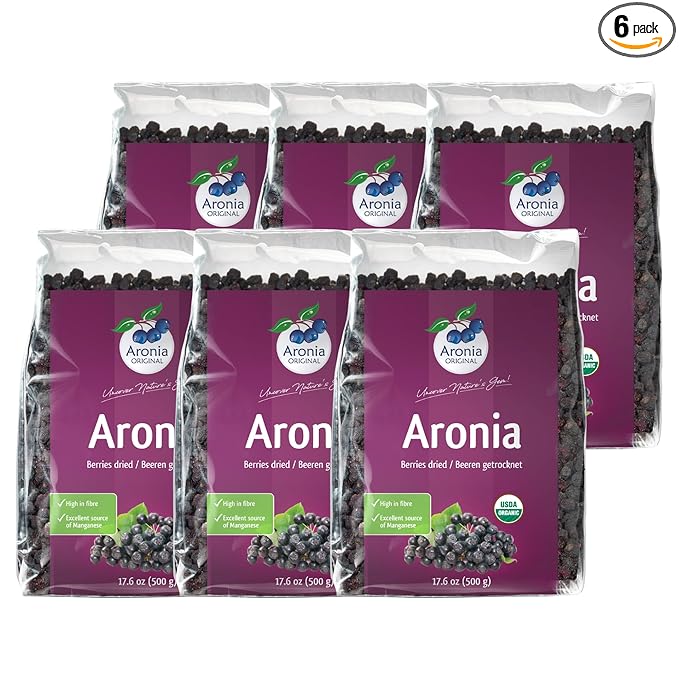 Aronia ORIGINAL Organic Dried Aronia Berries 17.6 oz (6-Pack) | Gently Dried Immediately After Harvest | No Added Sugar, No Sulfites, No Additives | Vegan, Non-GMO Aronia Berry (Black Chokeberry)