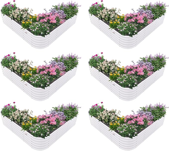 A ANLEOLIFE 6 Set Heart-Shaped Galvanized Raised Garden Beds Outdoor,81x81x18in Large Metal Planter Box for Planting Vegetables Flowers Herb, Anti-Rust & Easy-Setup, Antique White