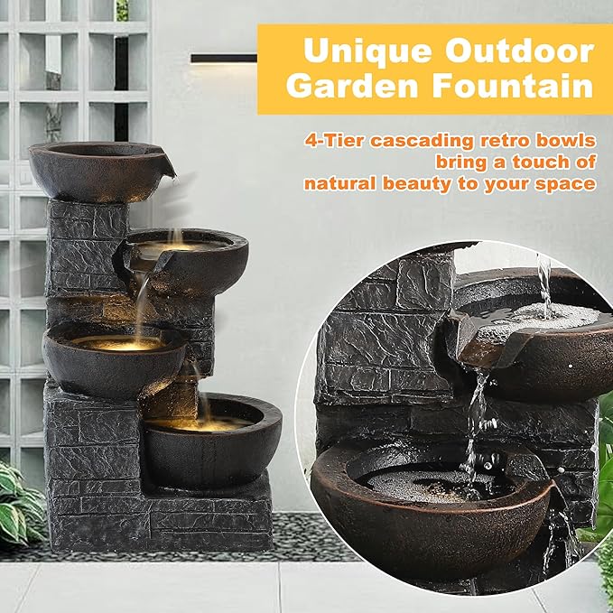 MAGIC UNION Outdoor Water Fountain, 4 Tiers Cascading Bowls Waterfall Indoor Fountain Garden Decor w/LED Lights, Outside Patio Resin Stacked Stones Fountains for Yard, Deck and Porch (Brown)