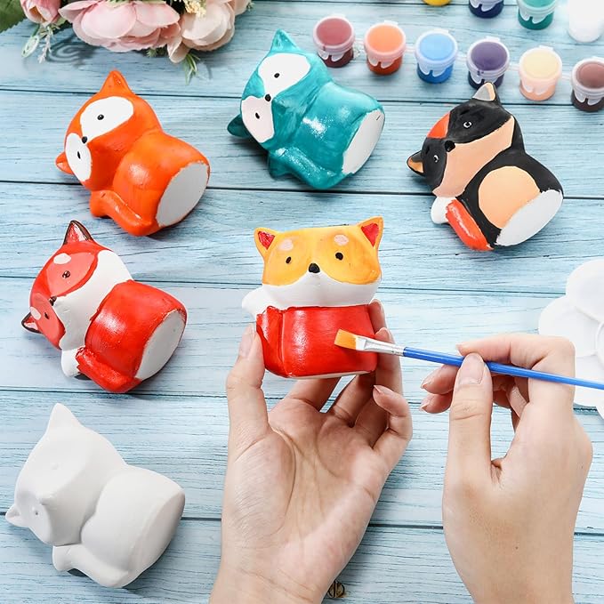 Pasimy 6 Set Ceramics to Paint DIY Ceramic Succulent Planter Pots Paint Your Own Flower Pots Craft Kit Unpainted Bisque Flowerpot with Brush Palette for Family Activity Holiday Gifts(Fox)