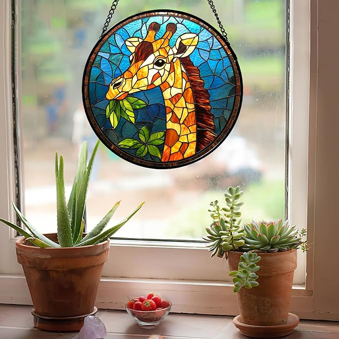 Stained Glass Window Hanging Orange Giraffe Blue Green Leaves 9.8" - Suncatcher Door Garden Sunroom Sun Catcher Home Decor Birthday Christmas for Mom Men Woman Nana