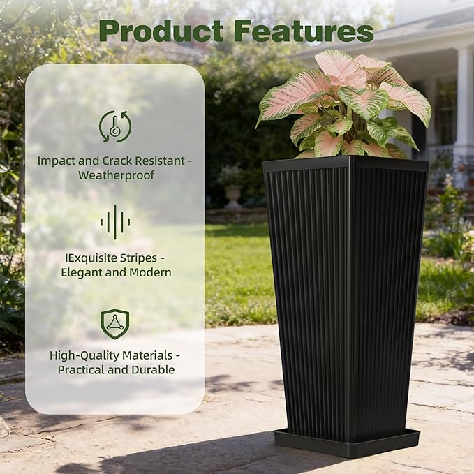 Trygoal Square Tall Planters for Outdoor Plants Set of 2-23.6" Modern Tapered Indoor Flower Pots with Drainage Holes/Partition/Tray, Large Outdoor Planters for Porch Patio Garden Front Porch, Black