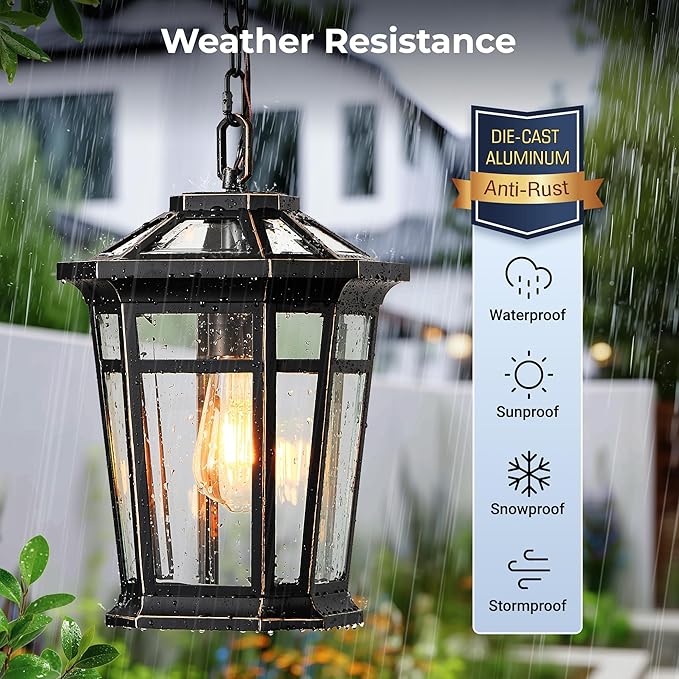 VIANIS Large Outdoor Pendant Light with Adjustable Chain, Black Hanging Lights with Gold Trim, Aluminum Outdoor Chandelier for Porch with Tempered Glass, Hanging Lighting for House, Doorway, Entryway