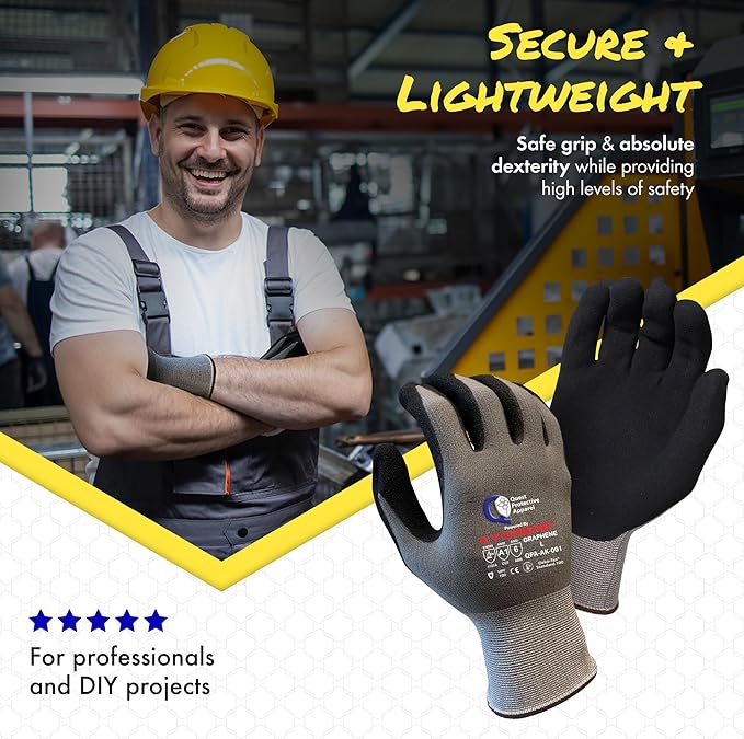 Quest Protective Apparel Cut Resistant Work Gloves (ANSI A1) – Lightweight Graphene Gloves for Gardening, DIY, Mechanical & General Handling – Breathable Grip Gloves for Men & Women – Large, Pack of 3