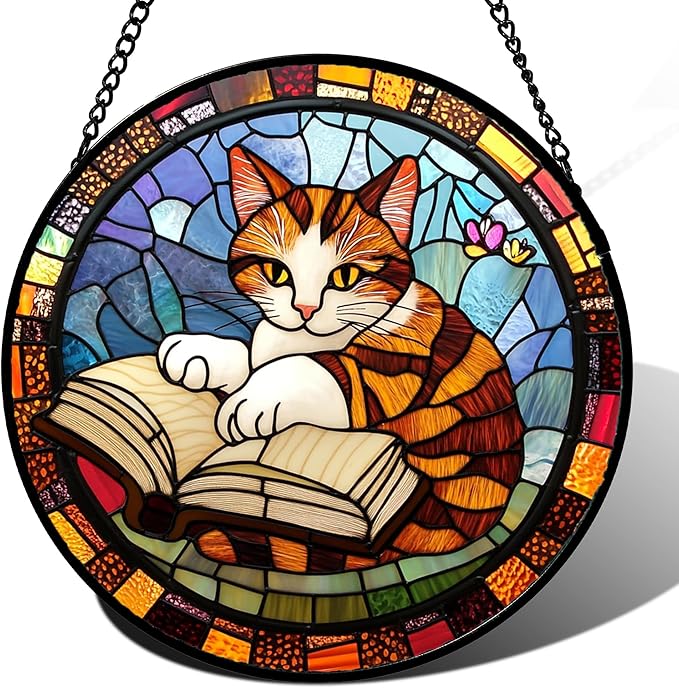 DASTOLL Stained Glass Window Hanging Little Cat Reading Large 11.8" - Suncatcher Door Garden Kitchen Sunroom Sun Catcher Home Decor Birthday for Lost Pets Mom Grandma Men Woman Friend