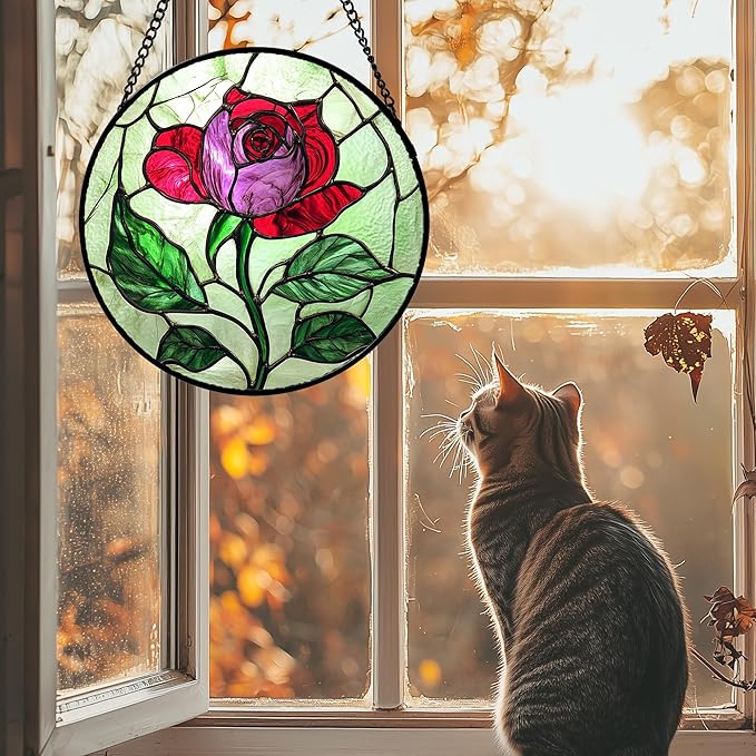 AMDERVEN Stained Glass Window Hanging 4 Pcs Set Red Roses Yellow Sunflowers 6.3" - Flower Suncatcher Door Garden Sun Catcher Decor Birthday Mother's Day for Mom Woman Nana Girl