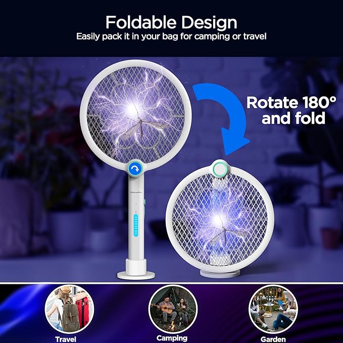 Foldable Electric Fly Swatter 3800V Bug Zapper Racket Rechargeable with UV Lights, Portable Handheld Cordless Mosquito Rackets to Kill Mosquitoes, Wasps, Gnats, Fruit Flies, Flies for Indoor Home