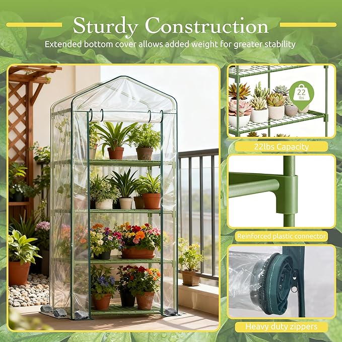 Mini Greenhouse for Outdoor Indoor, 4 Tier Shelves Small Green House for Winter, Portable Greenhouses with PE-Coated Metal Frame Heavy Duty PVC Cover, Plant Rack Stand House 2.3x1.6x5.2ft