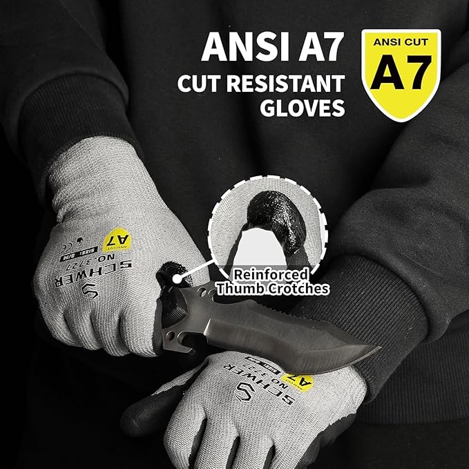6 Pairs High Level Cut Resistant Work Gloves for High Risk Work, ANSI A7 Cutting Gloves with Reinforced Thumb, Used for WoodWorking, Construction, Non Slip, Durable, Breathable & Cool, M, PR3727