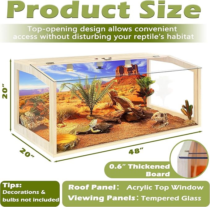 PROLEE Tempered Glass Bearded Dragon Tank,Reptile Tank with Clear Window View, Anti-Scratch Lizard Tank,Spacious Reptile Enclosure for Snakes, Lguanas, Chameleons (Oak, 81Gallons,48"L x 20"W x 20"H)