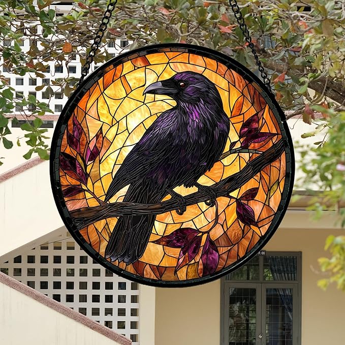 DASTOLL Stained Glass Window Hanging - Crow on a Branch Suncatcher Ready to Hang Window Doors Home Decoration and Christmas, Mother's Day Birthday Gifts for Women, Men, and Mom 14.9x14.9 in