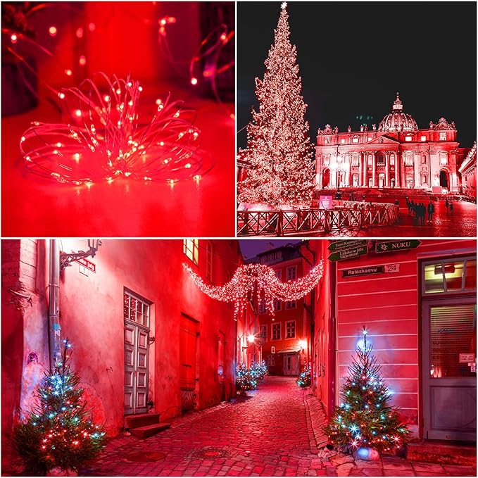 YAOZHOU Red Solar Christmas String Lights Outdoor Waterproof, 2Pack Total 200Led 8 Modes Copper Fairy Lights, Solar Powered Outside Decorations for Valentines Day, Garden, Patio, Fence, Balcony
