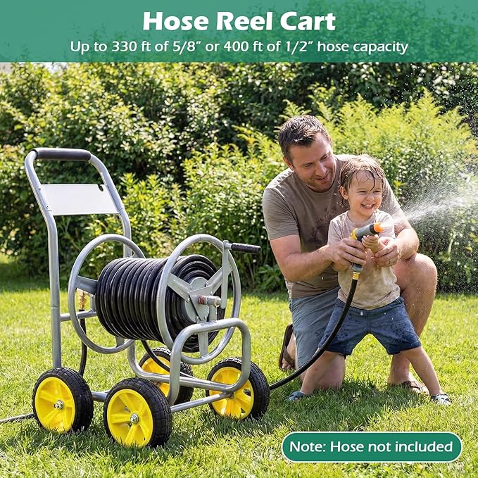 Garden Hose Reel Cart, Mobile Water Hose Cart with Heavy-duty Metal Frame & 4 Solid Wheels, Hold up to 330 ft of 5/8" Hoses, Outdoor Planting Tool for Lawn & Backyard (Silver)