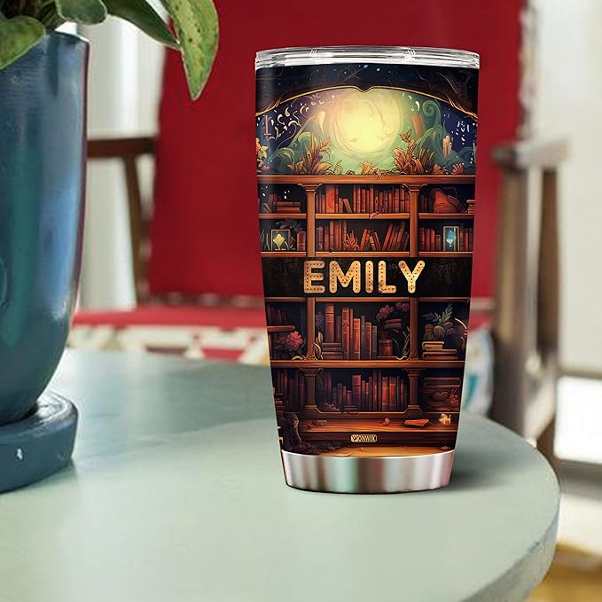 WONWIX Personalized Book Lovers Tumbler Gifts for Librarian Book Lover Women Readers Bookworm 20oz Travel Cup Coffee Bookshelf Mug Stainless Steel Insulated with Lid
