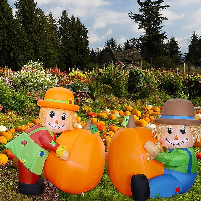 Lulu Home Thanksgiving Inflatable Decoration, Set of 2 Air Blown Scarecrow Couples with Built-in LED Lights for Fall Autumn Harvest Decor (Sitting & Standing Scarecrows)