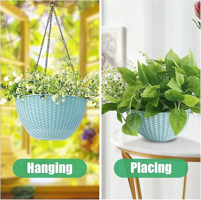 RooTrimmer Hanging Planters for Outdoor Plants 8/10 Inch, 4 Packs Hanging Flower Pot Indoor with Drainage Holes, Self-Watering Hanging Basket Perfect for Home, Office and Garden (Sky Blue)