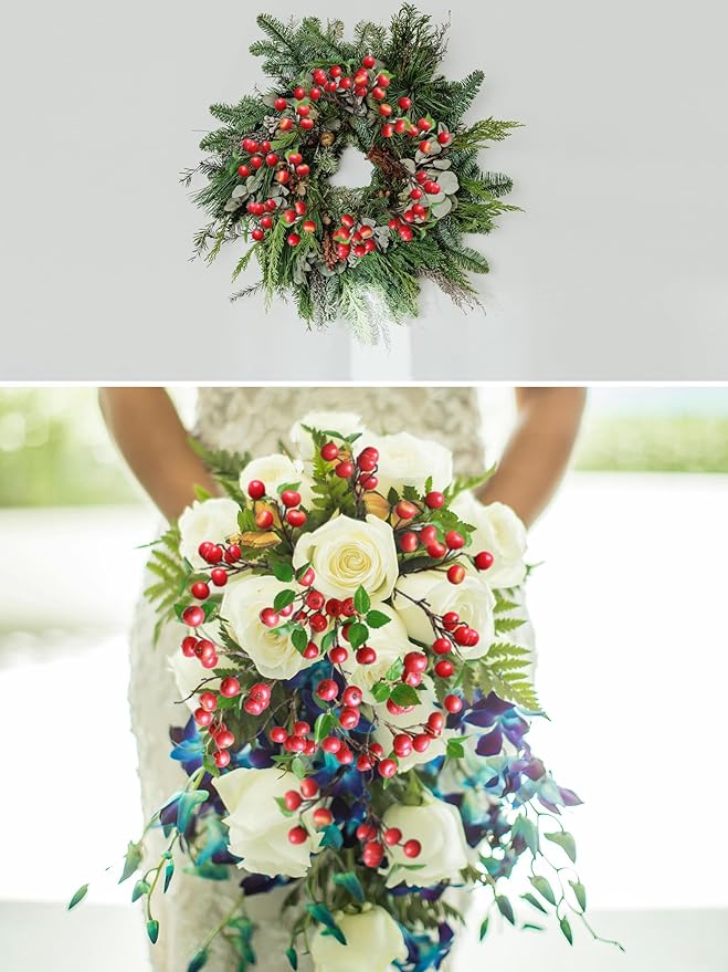 Forlaoers Realistic 8Pcs 21.6 Inch Red Berry Artificial Flowers Faux Berries Fruit Branches for Kitchen Table Decor Dining Room Party Home Centerpieces Christmas Vase Fillers Farmhouse