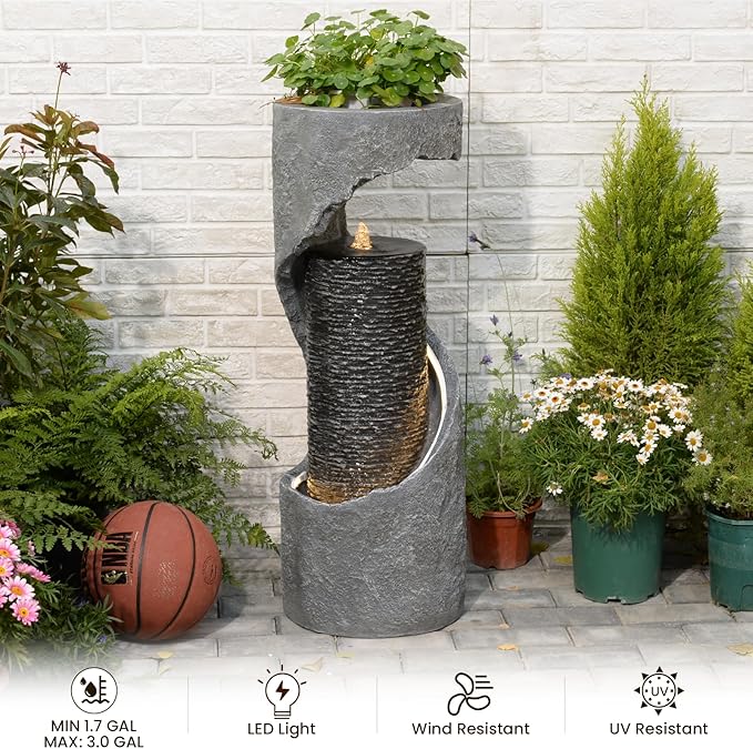 35.4" H Water Fountain Outdoor Water Feature Indoor,Modern Spiral Water Fall Fountains for Outside for Garden, Patio, Deck, Yard, Porch, Office with Lights Home Art Decor