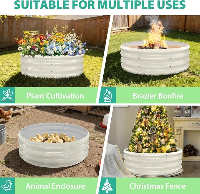 3FT Diameter Galvanized Garden Raised Bed/Plant Box/Fire Pit Ring - 0.8mm Thick,12 Inch Tall,Perfect for Planting a Variety of Flowers,Herbs,Vegetables (Cream White, 36 Dia X 12 inches)