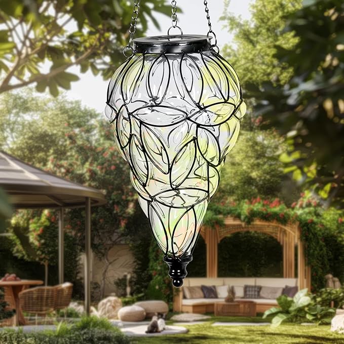Naboher Solar Hanging Lantern Outdoor Garden Lights, Tear-Shaped Glass and Metal Hanging Lantern, 15 Firefly LED Lights, 7 x 24 Inch (Clear)