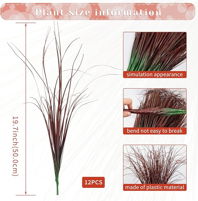 LUZOGA 12Pcs Artificial Grass Plants, Faux Shrubs Wheat Grass, Artificial Tall Grasses Fake Plants for Outdoor Decor,Artificial Greenery Stems Weed for Room Indoor Home Decor（Red）