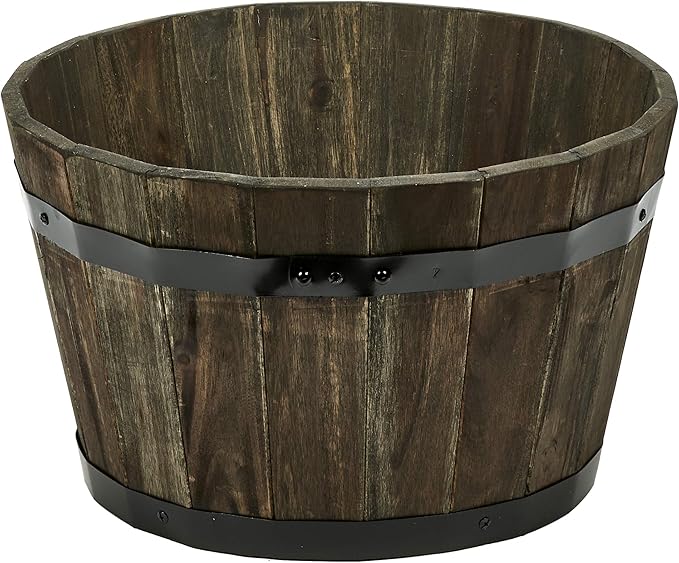 Worth Imports Wood Barrel Planter with Handles Brown Oil 18" X 18" X 13"